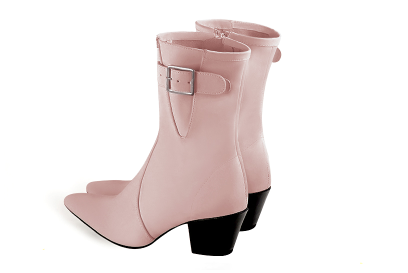 Powder pink women's ankle boots with a zip on the inside. Tapered toe. Medium cone heels. Rear view - Florence KOOIJMAN